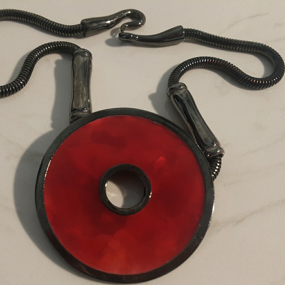 Necklace /modern round red and pewter color